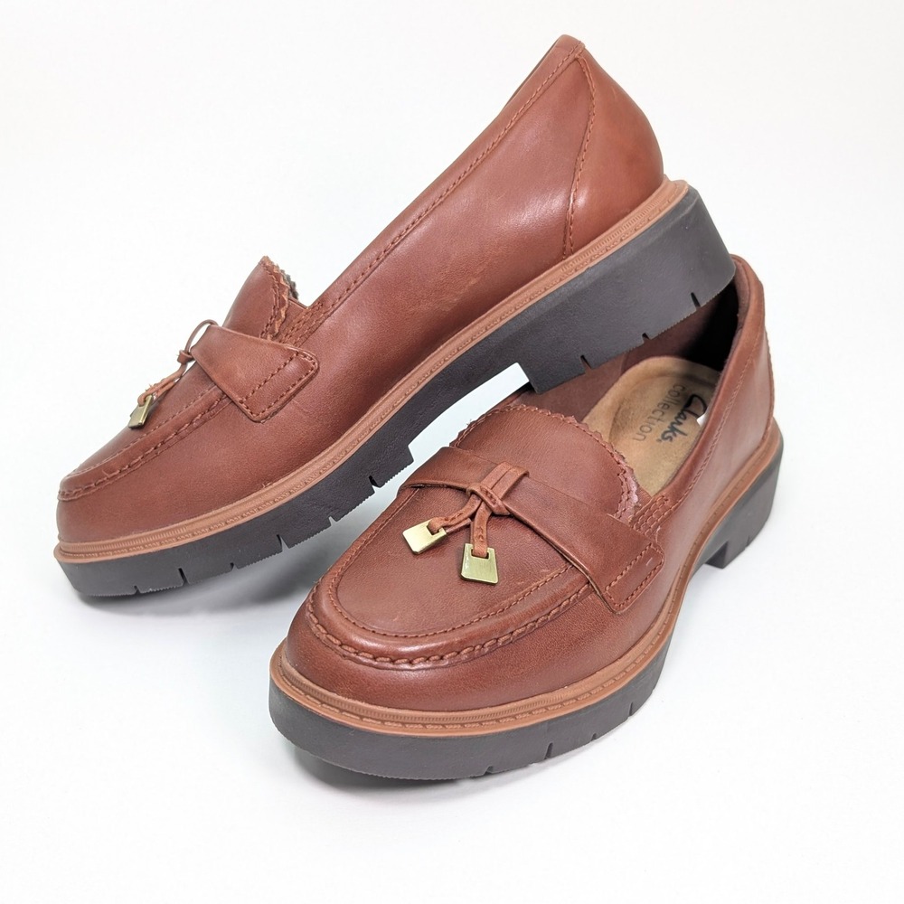 Clarks Collection Brown Leather Tassel Loafers Lug Sole Shoes Womens 9.5 M